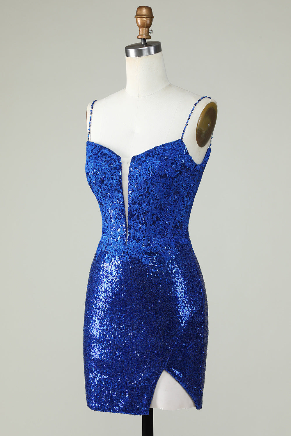 Spaghetti Straps Royal Blue Tight Seuqins Homecoming Dress with Appliques