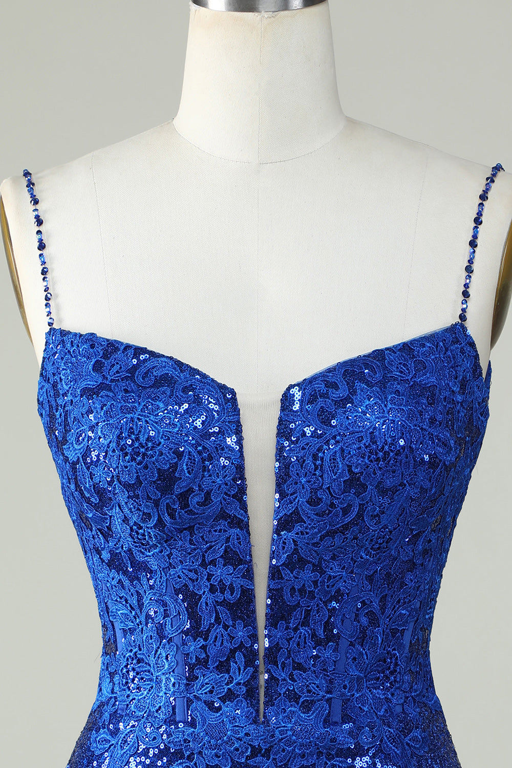 Spaghetti Straps Royal Blue Tight Seuqins Homecoming Dress with Appliques