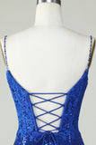 Spaghetti Straps Royal Blue Tight Seuqins Homecoming Dress with Appliques