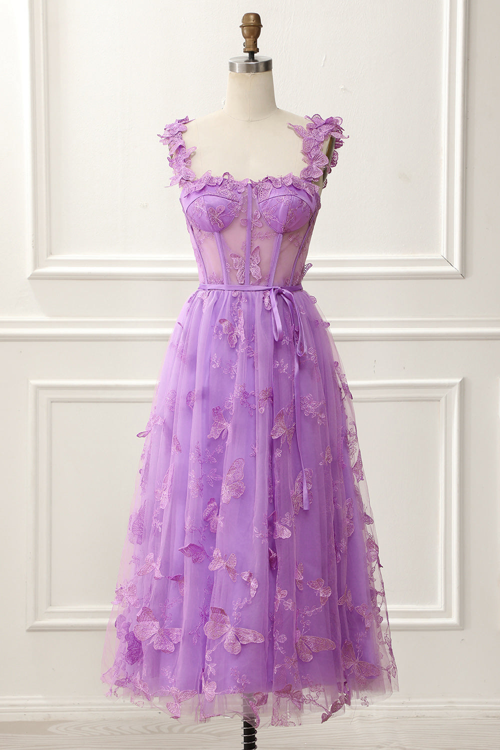 Purple A-Line Corset Knee-Length Prom Dress with Butterflies