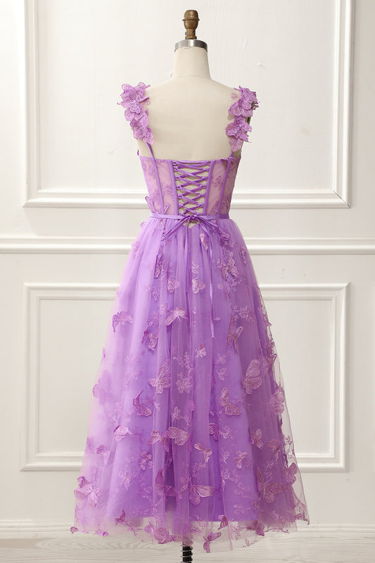 Purple A-Line Corset Knee-Length Prom Dress with Butterflies