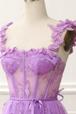 Purple A-Line Corset Knee-Length Prom Dress with Butterflies