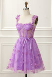 Purple A-Line Corset Homecoming Dress with Butterflies