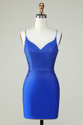 Beaded Spaghetti Straps Royal Blue Tight Homecoming Dress