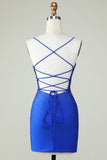 Beaded Spaghetti Straps Royal Blue Tight Homecoming Dress