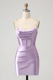 Bodycon Spaghetti Straps Lilac Corset Satin Short Homecoming Dress