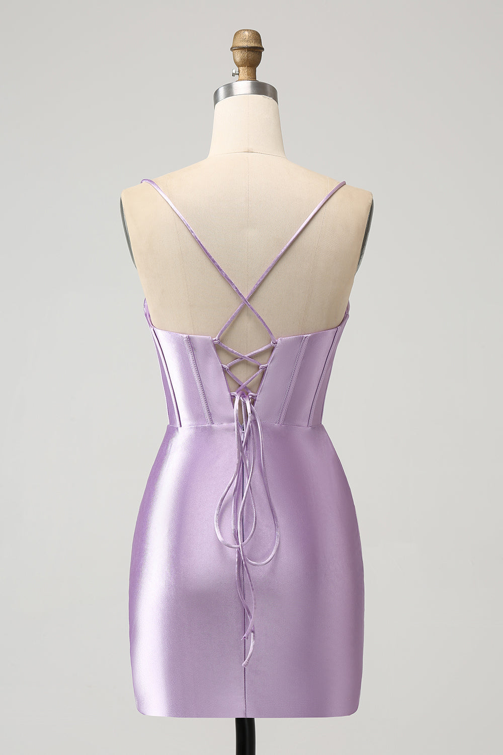 Bodycon Spaghetti Straps Lilac Corset Satin Short Homecoming Dress