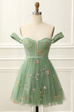 Off the Shoulder Green Cute Homecoming Dress with Embroidery