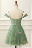 Off the Shoulder Green Cute Homecoming Dress with Embroidery