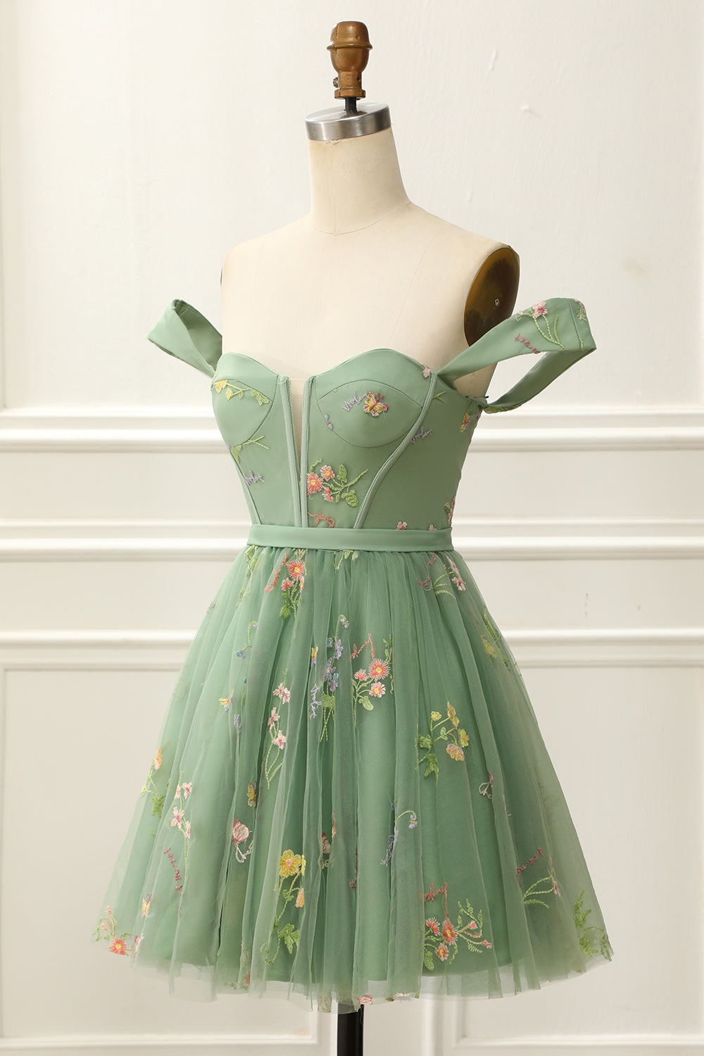 Off the Shoulder Green Cute Homecoming Dress with Embroidery