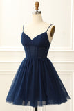A Line Tulle Corset Navy Homecoming Dress