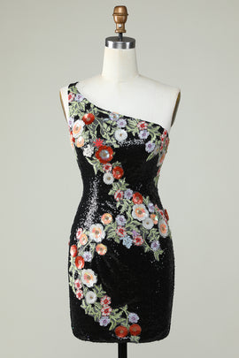 Black One Shoulder Sequins Tight Homecoming Dress with Flowers