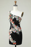 Black One Shoulder Sequins Tight Homecoming Dress with Flowers