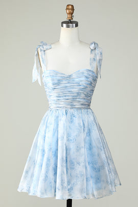 Blue A Line Printed Cute Homecoming Dress with Ruffles