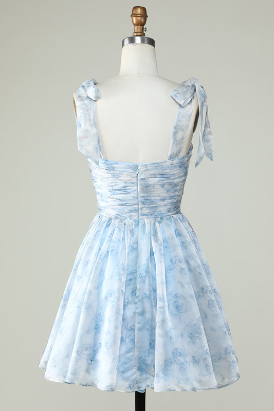 Blue A Line Printed Cute Homecoming Dress with Ruffles