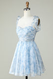 Blue A Line Printed Cute Homecoming Dress with Ruffles