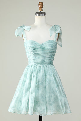 Green A Line Printed Cute Homecoming Dress with Ruffles