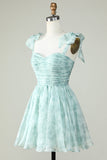 Green A Line Printed Cute Homecoming Dress with Ruffles