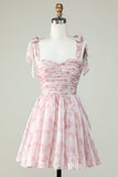 Pink A Line Printed Cute Homecoming Dress with Ruffles