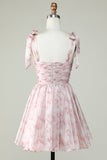 Pink A Line Printed Cute Homecoming Dress with Ruffles