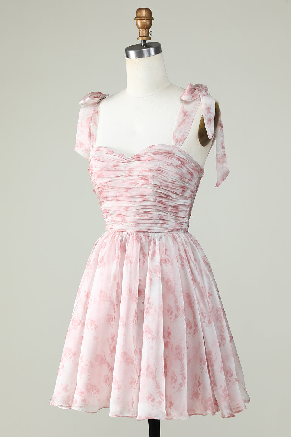 Pink A Line Printed Cute Homecoming Dress with Ruffles