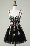 Black A Line Tulle Sparkly Homecoming Dress with Flowers