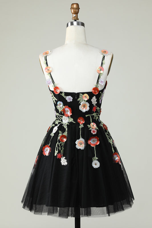 Black A Line Tulle Sparkly Homecoming Dress with Flowers