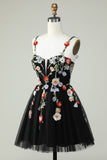 Black A Line Tulle Sparkly Homecoming Dress with Flowers