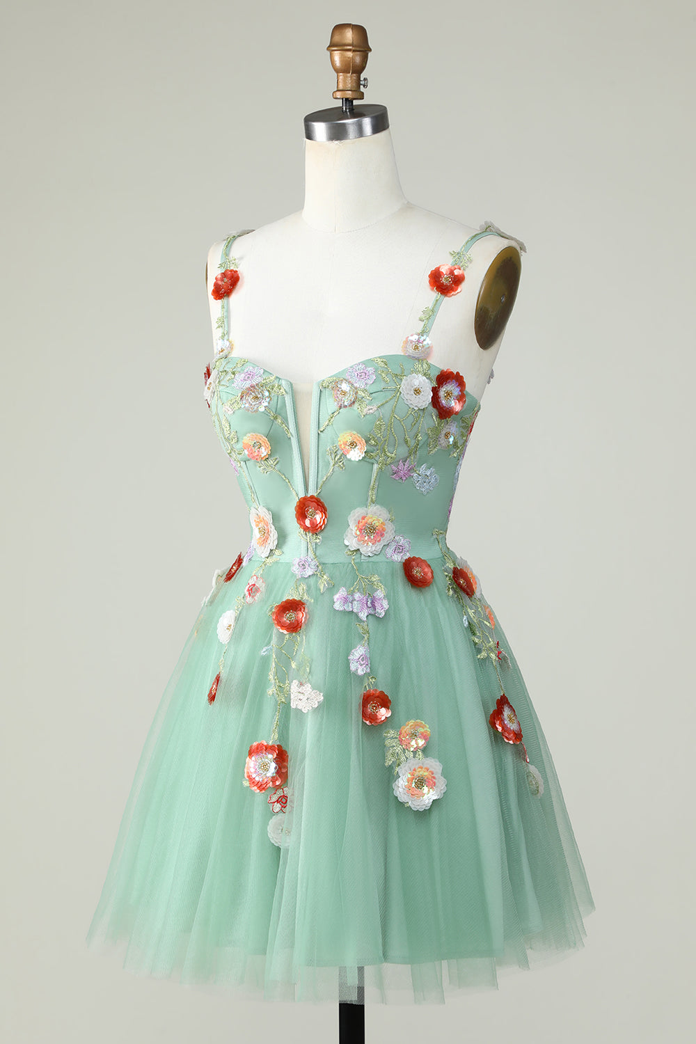 Green A Line Tulle Sparkly Homecoming Dress with Flowers