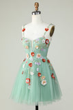 Green A Line Tulle Sparkly Homecoming Dress with Flowers