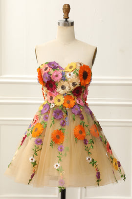 Strapless Apricot Homecoming Dress with 3D Flowers