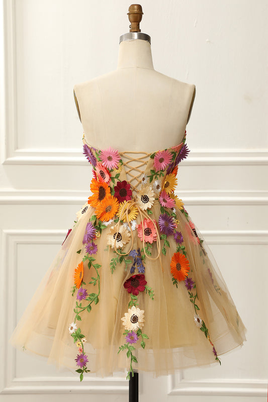 Strapless Apricot Homecoming Dress with 3D Flowers