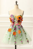 Strapless Green Homecoming Dress with 3D Flowers