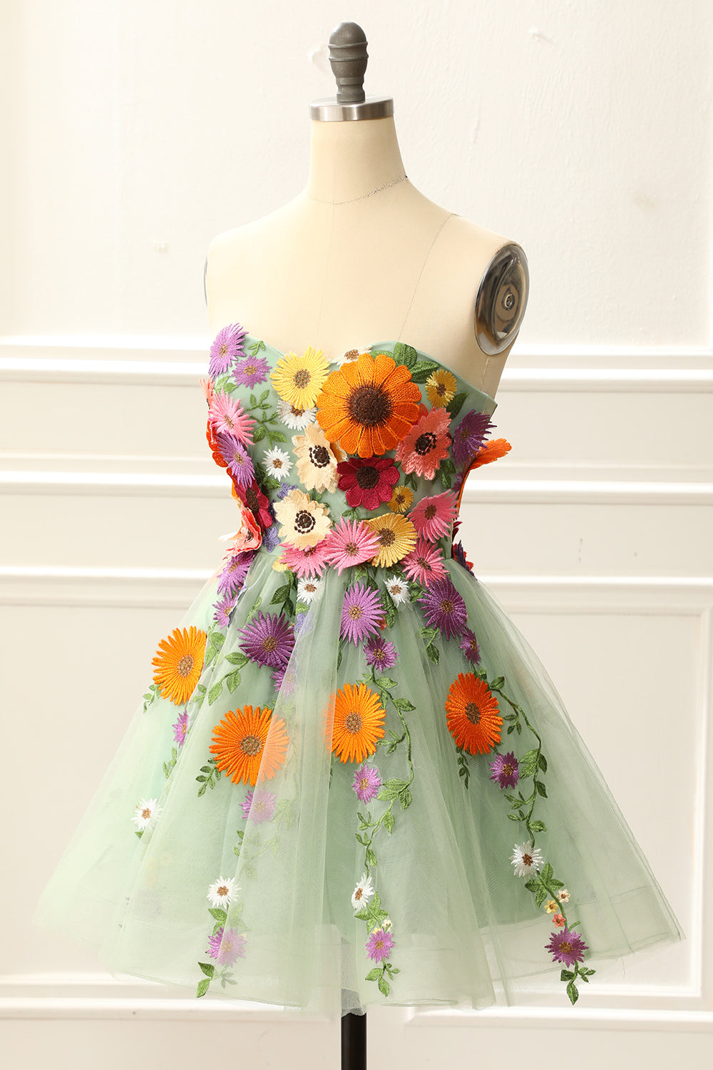 Strapless Green Homecoming Dress with 3D Flowers