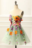 Strapless Mint Homecoming Dress with 3D Flowers