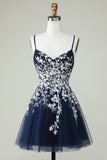 A Line Navy Corset Homecoming Dress with Appliques