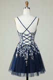 A Line Navy Corset Homecoming Dress with Appliques