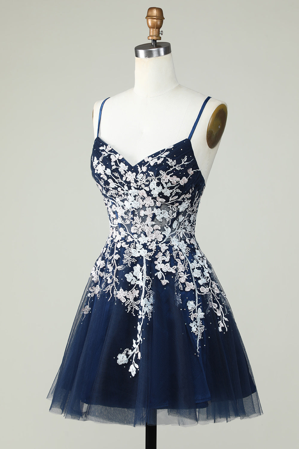 A Line Navy Corset Homecoming Dress with Appliques