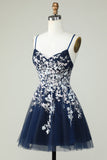 A Line Navy Corset Homecoming Dress with Appliques