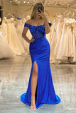 Royal Blue Mermaid Off The Shoulder Sparkly Sequins Prom Dress With Front Slit