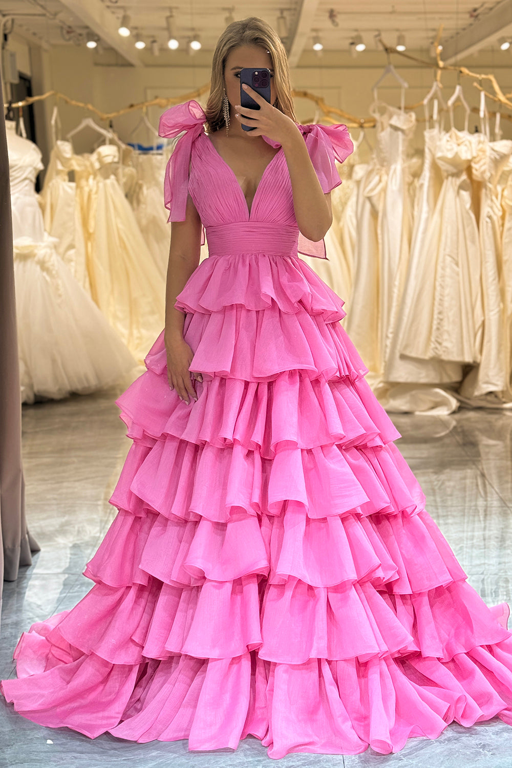 Princess Fuchsia A-Line V-Neck Long Tiered Prom Dress With Slit