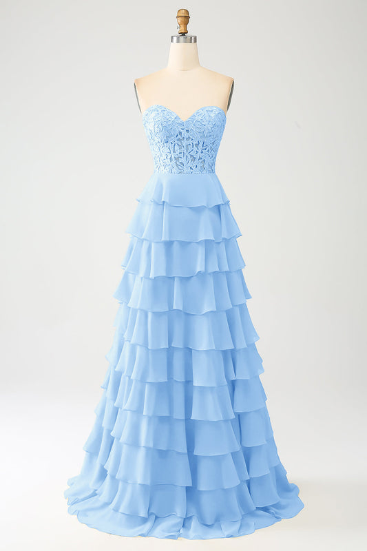Sky Blue A-Line Sweetheart Tiered Long Prom Dress