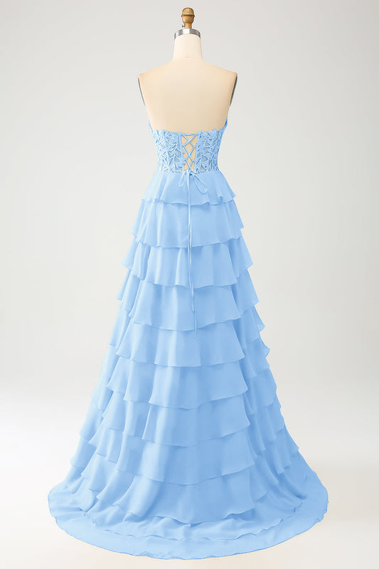 Sky Blue A-Line Sweetheart Tiered Long Prom Dress
