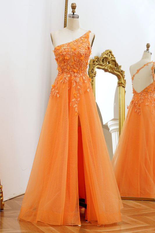 Orange A-Line Appliqued One Shoulder Tulle Prom Dress