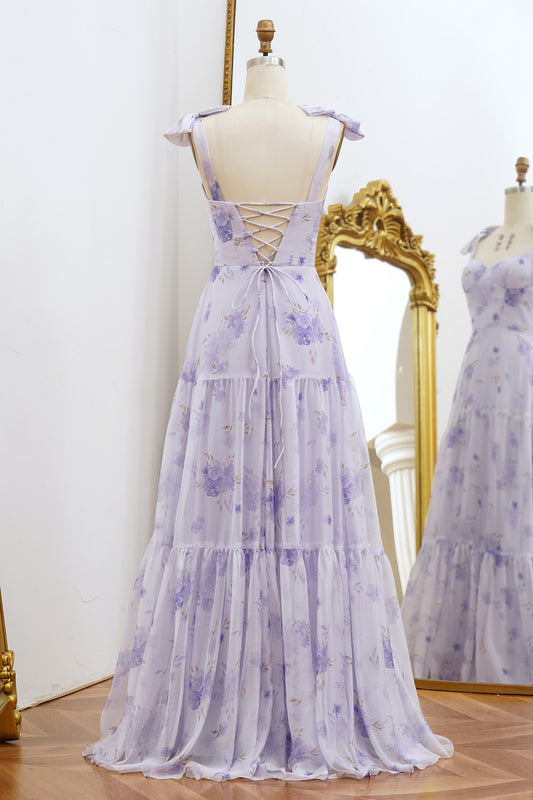 Lilac A-Line Floral Straps Long Prom Dress