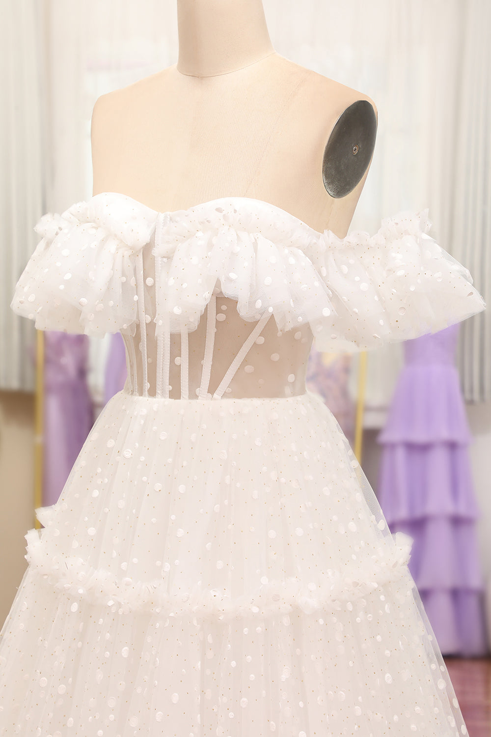 Lilac A-Line Off The Shoulder Tulle Polka Dot Prom Dress