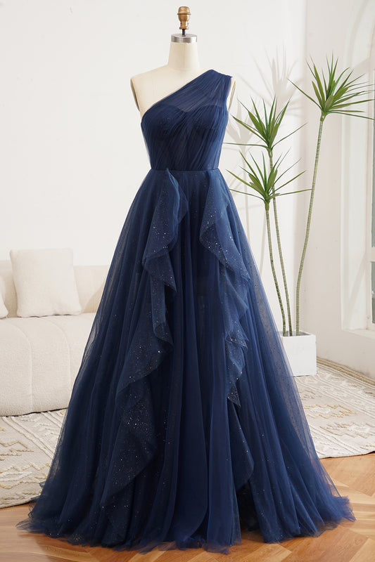 A Line Navy One Shoulder Tulle Long Prom Dress