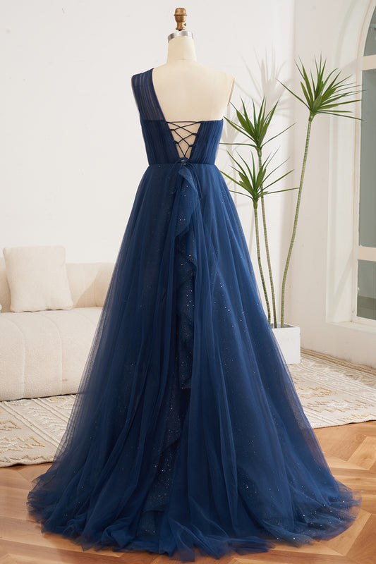 A Line Navy One Shoulder Tulle Long Prom Dress