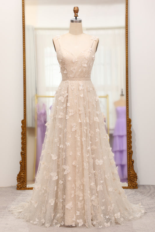 Apricot Spaghetti Straps Tulle Appliques Long Prom Dress
