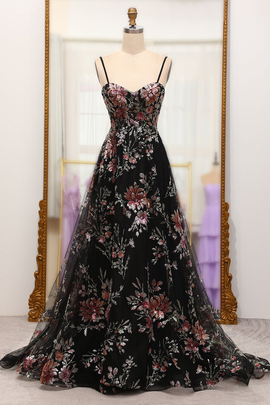 A Line Black Floral Spaghetti Straps Printed Long Prom Dress